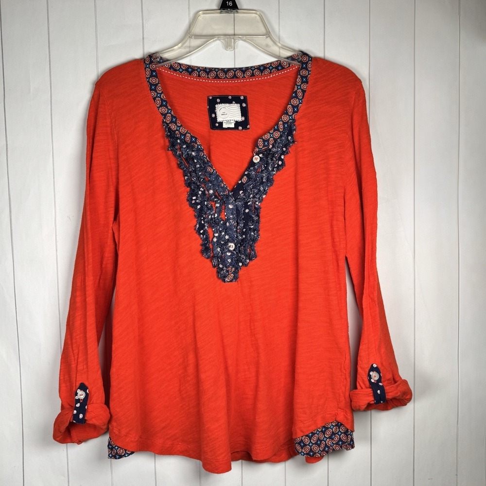 Anthropologie Cotton Ruffle Trim Henley Blouse Top Boho Feminine Casual Petite S